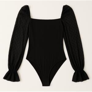 ZARA Women’s Black Sheer Mesh Puff Sleeve Bodysuit Square Neck Polka Dot Medium